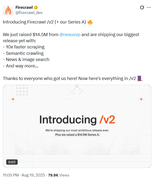 AI爬蟲(chóng)新王者！Firecrawl獲1450萬(wàn)美元A輪融資，V2版本震撼發(fā)布
